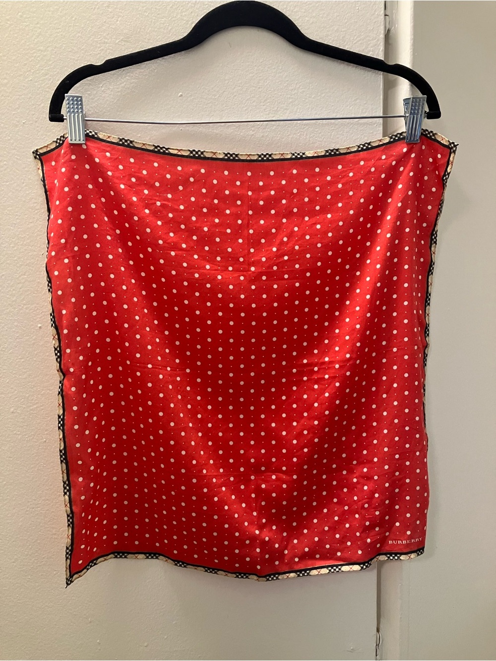 Burberry Red Polka Dot Nova Plaid Edge Small Square Scarf Cotton